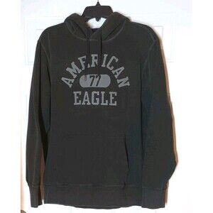 American Eagle AE Black Graphic Pullover Fleece Hoodie Super Soft Men’s Sz L